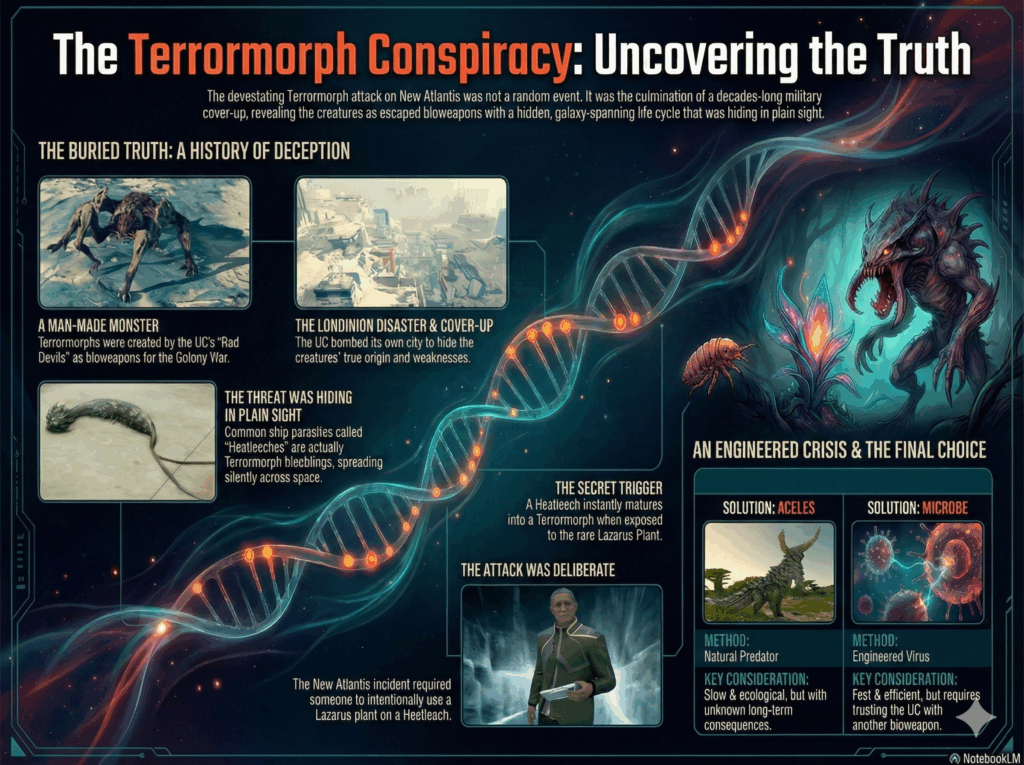 Infographic detailing "The Terrormorph Conspiracy: Uncovering the Truth," showing their origin as bioweapons, life cycle, cover-ups, and the final choices between the Aceles and microbe solutions.