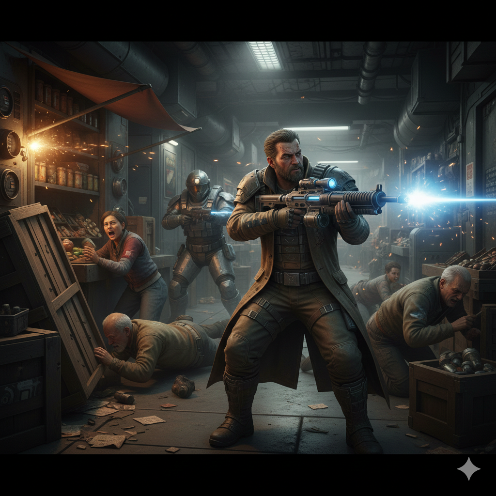 A gritty scene of a male Player Character firing a futuristic weapon in a crowded, dimly lit civilian area, with terrified NPCs cowering amidst scattered debris.