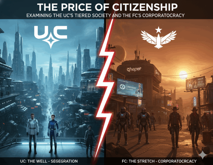 A striking visual comparison of the United Colonies (UC) and Freestar Collective (FC) ideologies, split by a red lightning bolt. The left side shows UC's New Atlantis, a clean, futuristic city with the UC logo. The right side shows Akila City's rugged frontier environment with the FC logo.