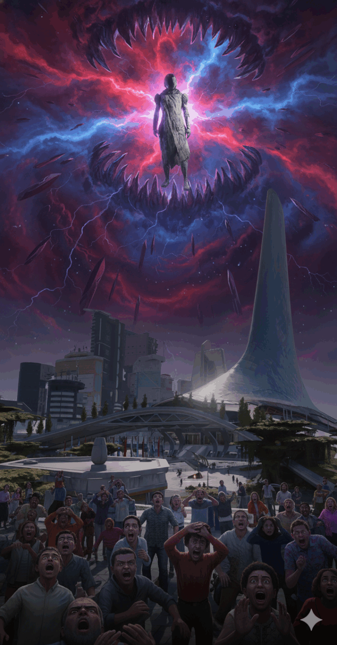 A dramatic, digitally manipulated image showing a futuristic city under a stormy, fear-inducing sky. In the foreground, a diverse crowd of people look upwards in terror, their faces contorted in expressions of fright. Above the city, a towering, dark, humanoid figure, known as a Starborn, floats amidst a vibrant red and blue, lightning-streaked sky, reminiscent of the 