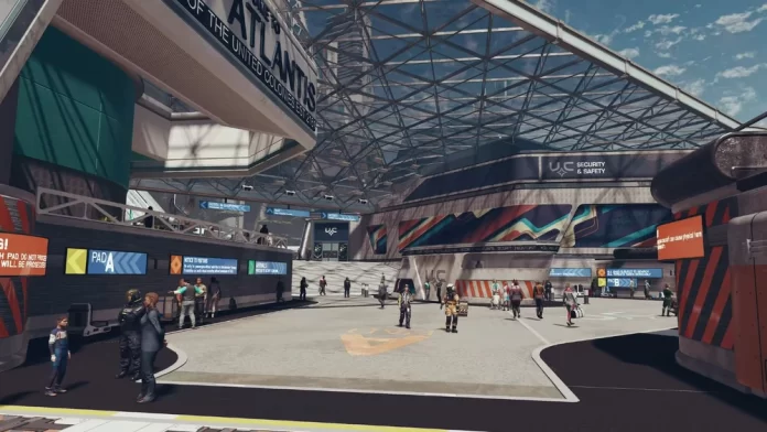 A wide view of the busy New Atlantis Spaceport terminal in Starfield, showing travelers under a glass roof.