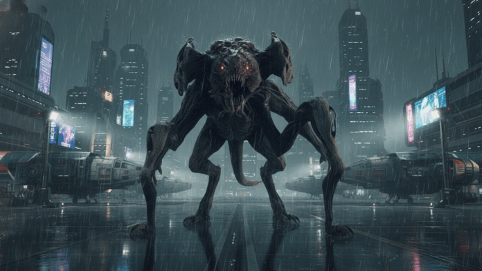 A menacing Terrormorph creature standing on a rain-slicked landing pad at the New Atlantis spaceport at night.