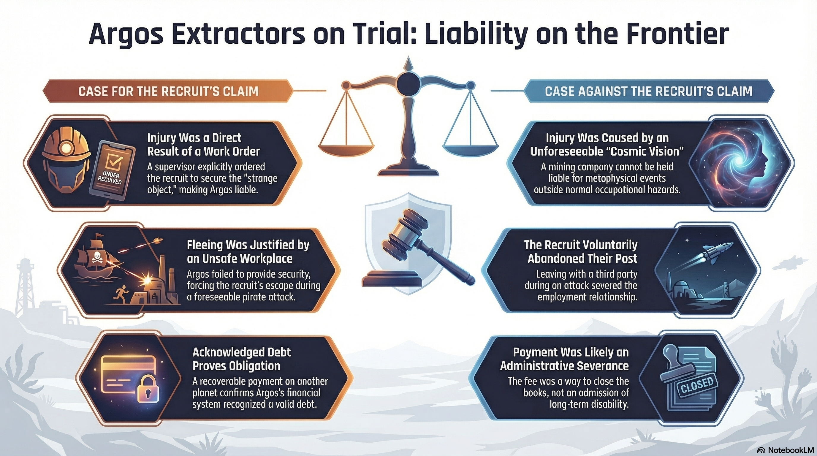 Infographic titled "Argos Extractors on Trial" comparing legal arguments for the recruit's injury claim against the company's defense.