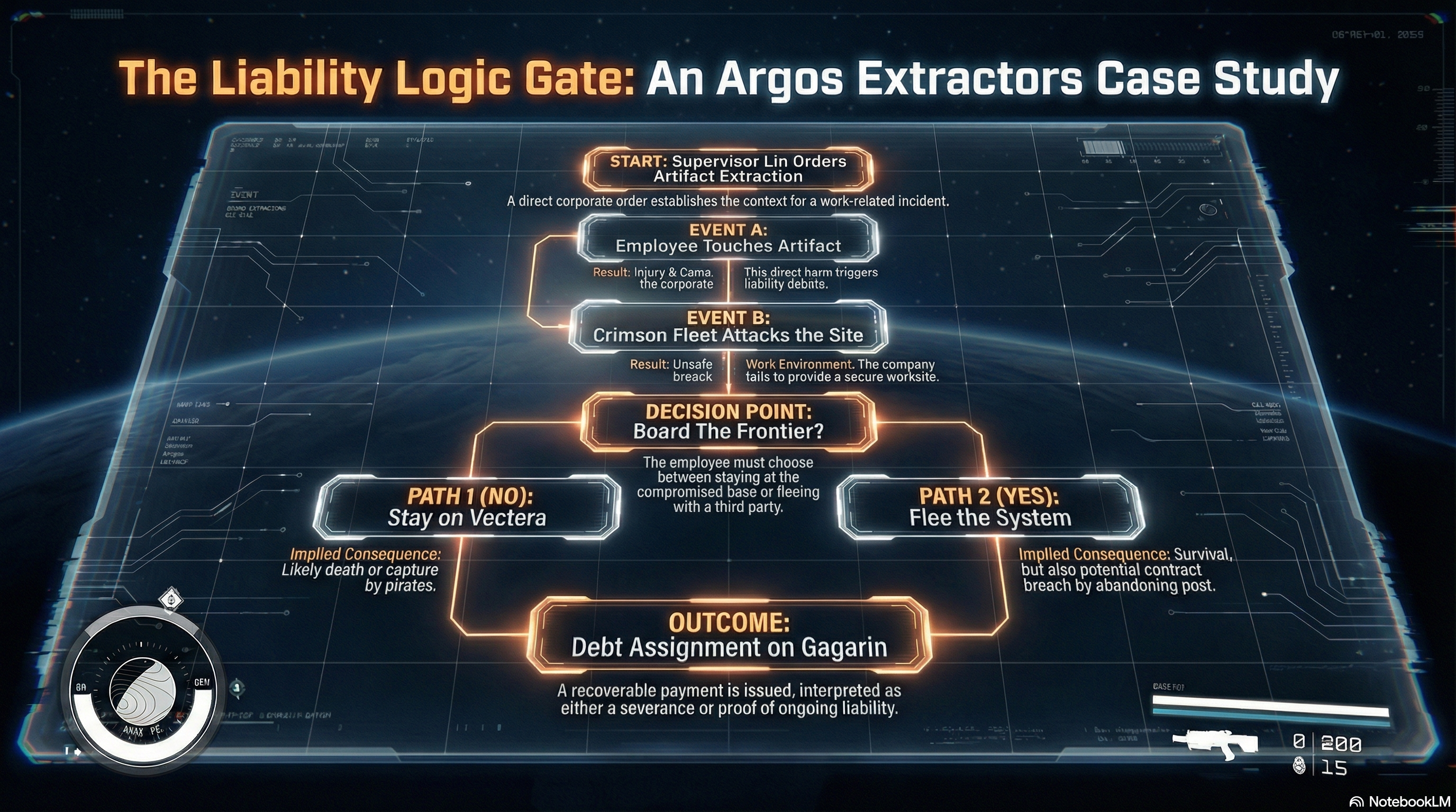 Flowchart "The Liability Logic Gate: An Argos Extractors Case Study" detailing the events and decision points leading from the Artifact discovery to the recruit's flight and debt assignment on Gagarin.