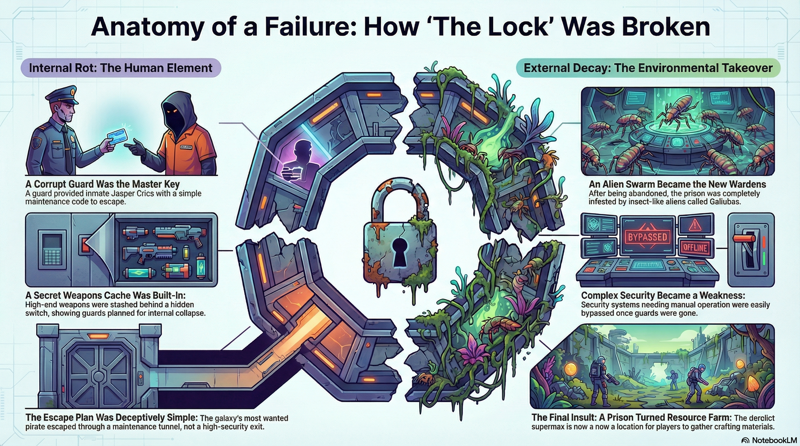 Infographic detailing the failure of 'The Lock' prison, showing how internal corruption (a corrupt guard, secret weapons, and a simple escape tunnel) and external decay (alien Grilla takeover and complex security failure) led to its collapse.