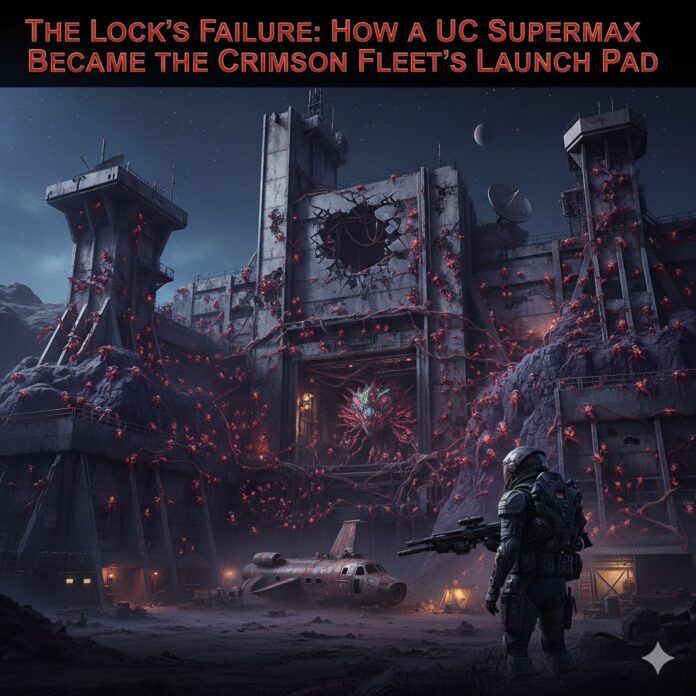Armored explorer facing a ruined, alien-infested supermax prison under a moonlit sky.