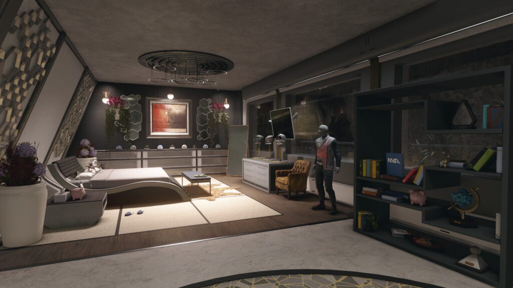 A view of the decorated interior of the New Atlantis penthouse in Starfield, showing a modern bedroom and living area.