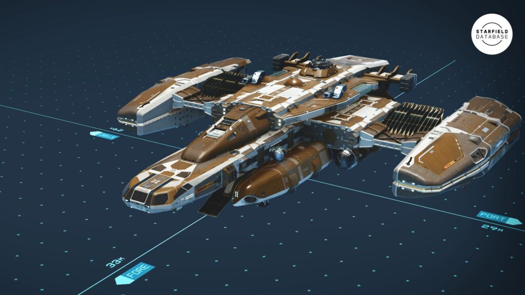 A 3D render of the Star Eagle spaceship from Starfield, shown against a blue grid background.