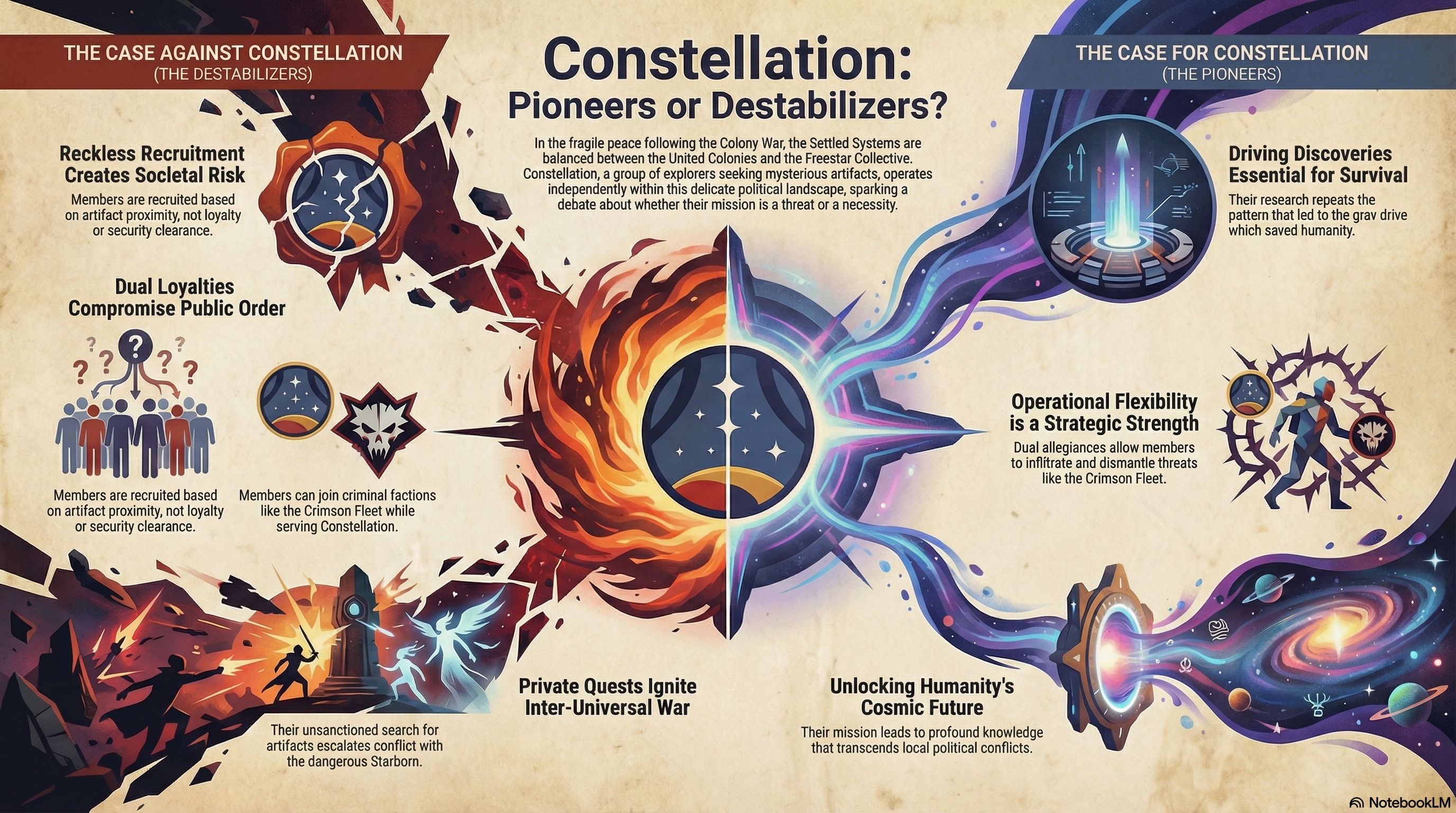 Infographic analyzing Constellation's impact on the Settled Systems' stability, depicting a balance between their pursuit of artifacts (foundational knowledge) and the resulting societal chaos caused by unregulated operations, reckless recruitment, and the escalation to interuniversal conflict